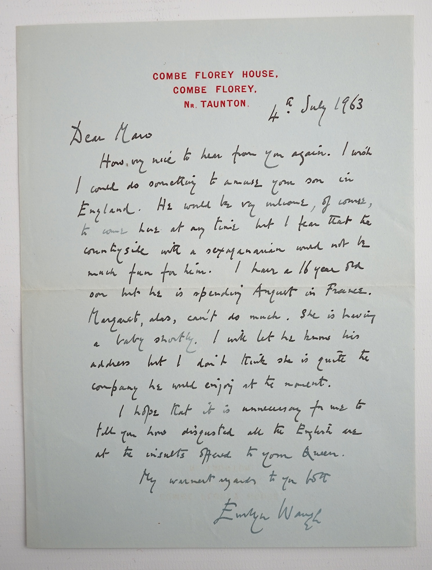Evelyn Waugh (1903-1966), English Writer and Novelist. A.L.S., Evelyn Waugh, one page, 8vo, Combe Florey, near Taunton, 4th July 1963, to Maro [Stathatos].